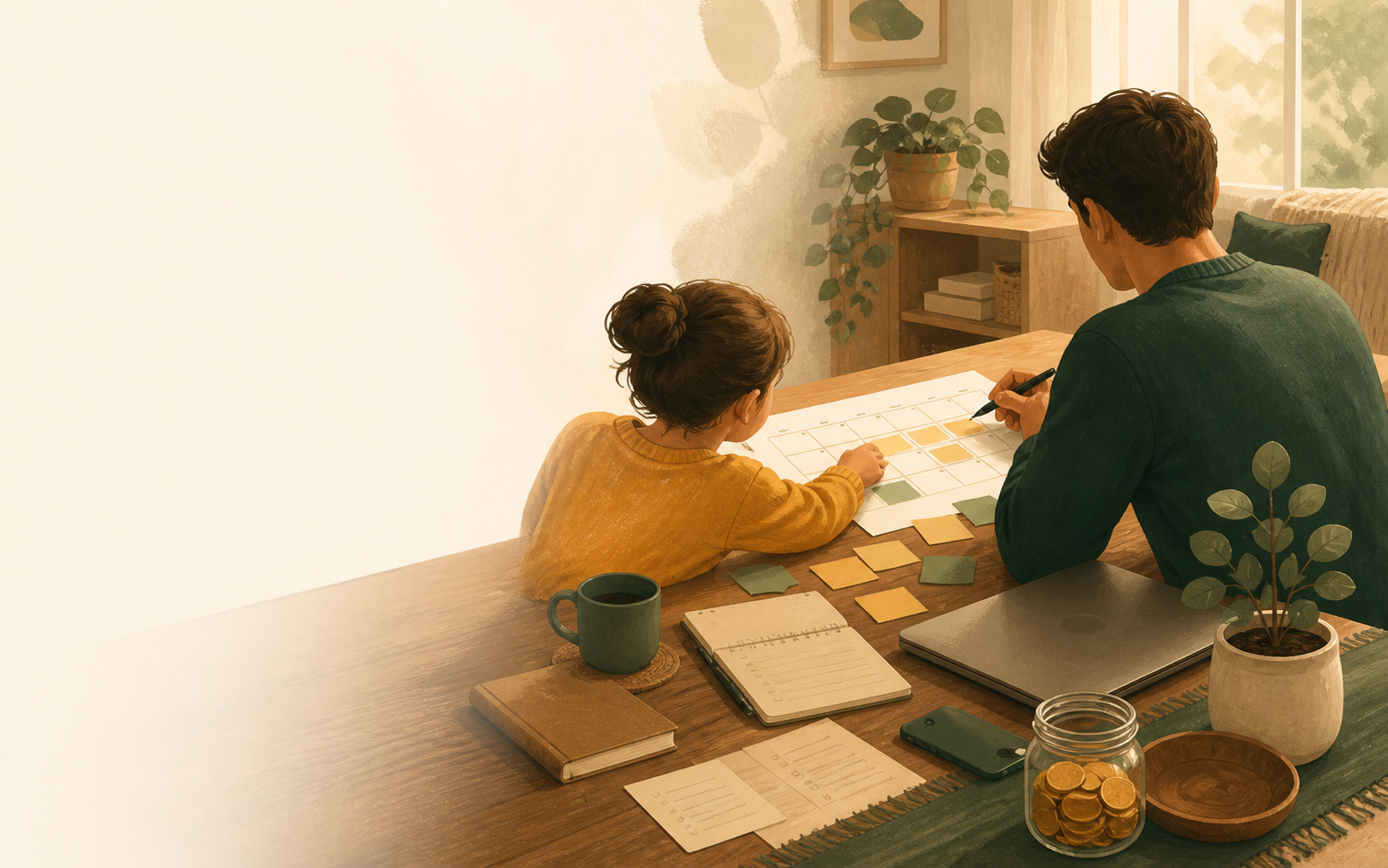 Illustrated planning scene showing a calm family task setup with flexible pricing cues.